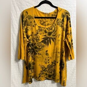 Brittany Black Mustard/Black Floral Print Long Sleeve Tunic Top Size 3X